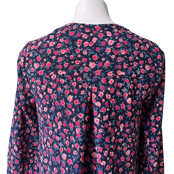 J. Crew Open V-Neck Top Dotted Floral Small Blue Pink Crepe Long Sleeve, Sz XS - Picture 10 of 13